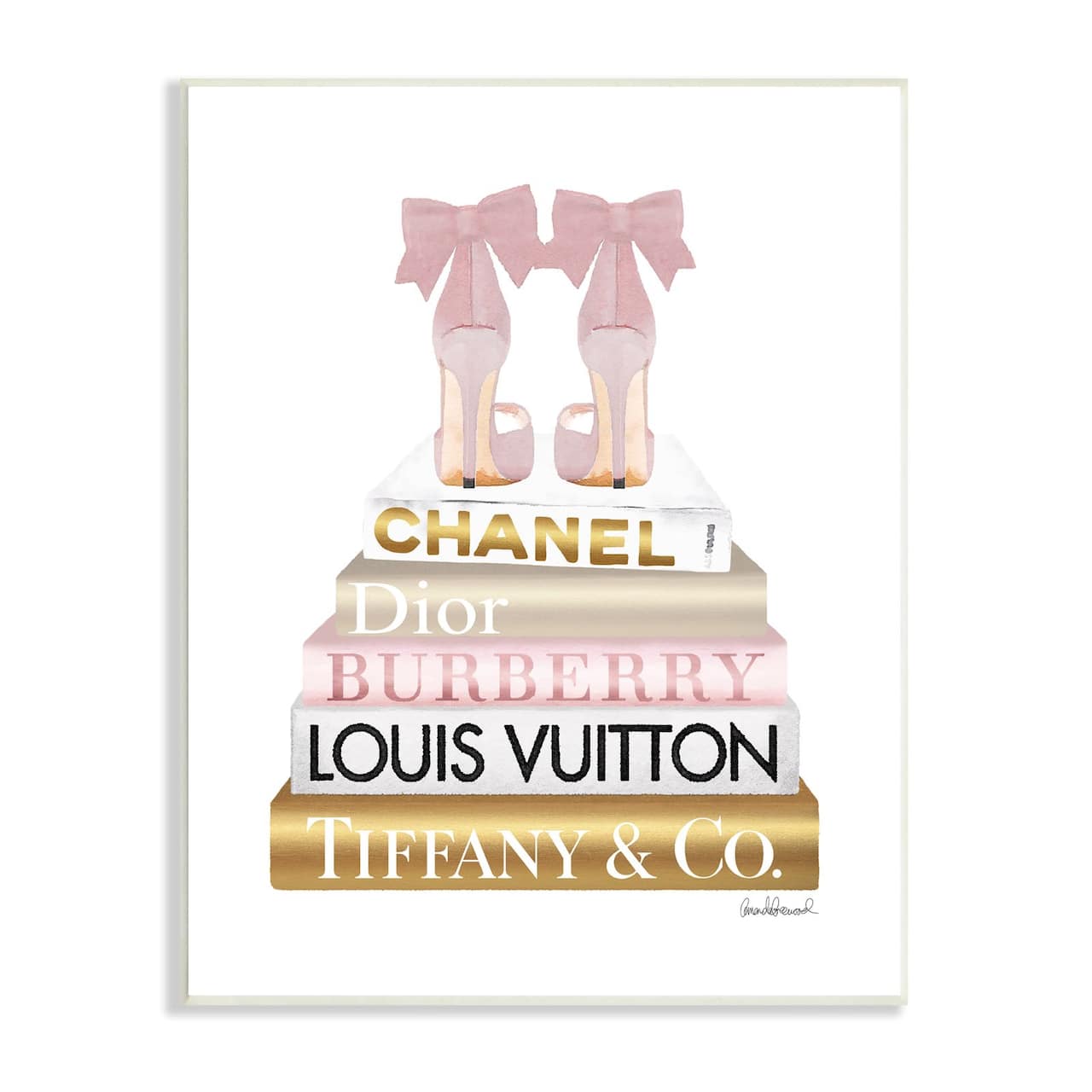 Stupell Industries Pink Gold Heels Bookstack Glam Fashion Design Wood Wall Plaque